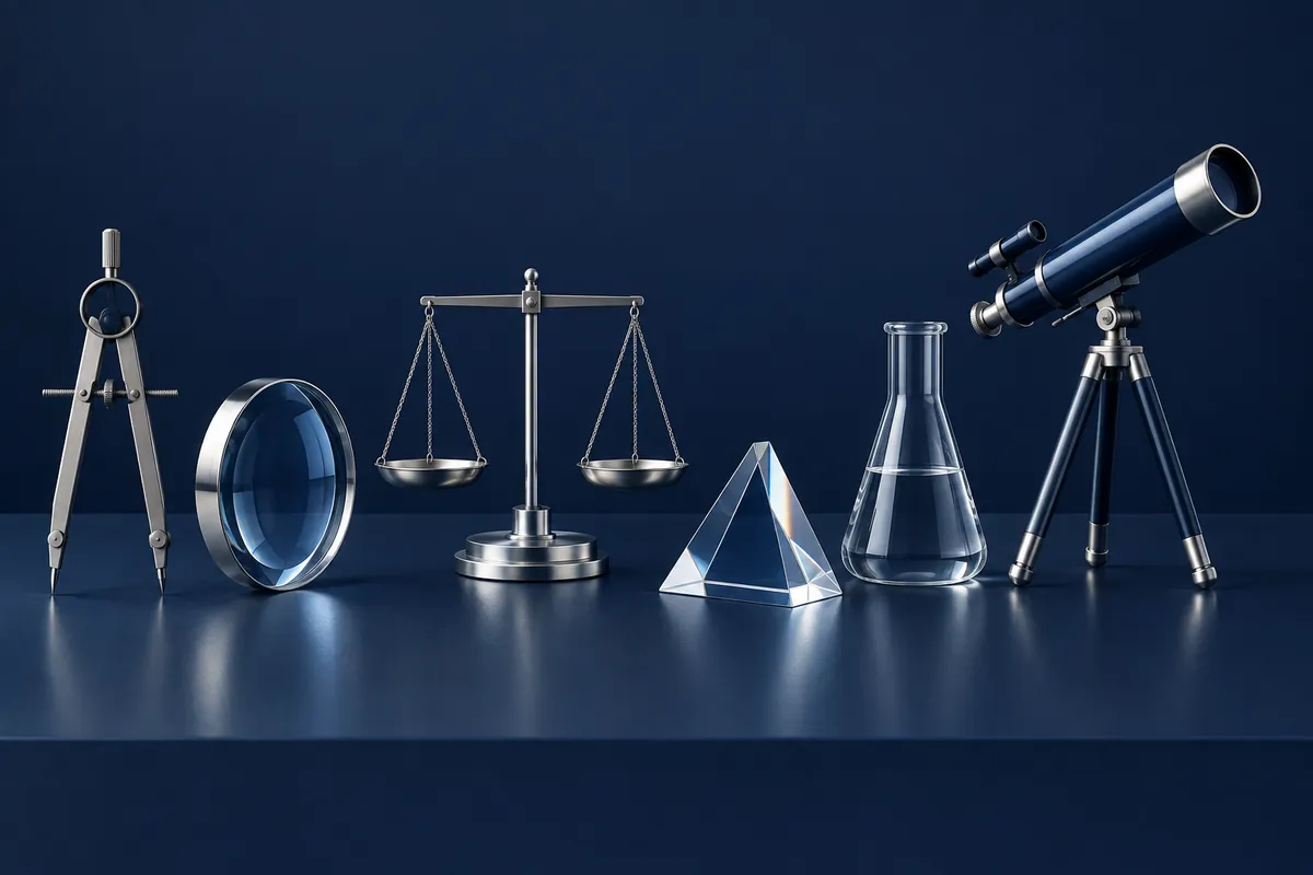Six instruments on a desk: compass, lens, balance, prism, flask and telescope