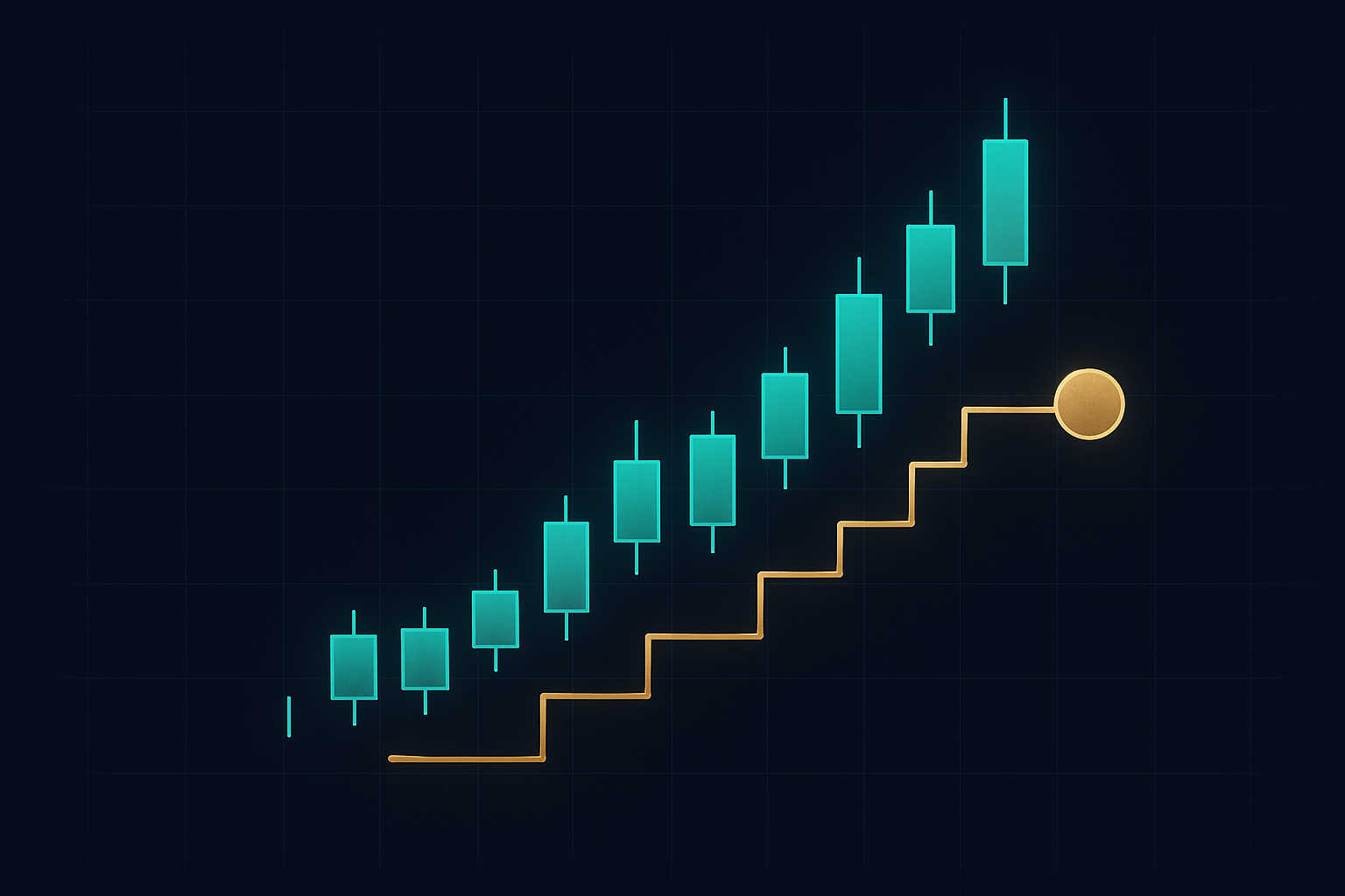 A trailing stop stepping up beneath rising candles with an exit marker.